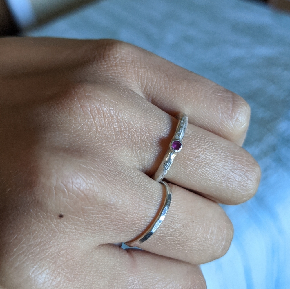 Hammered Silver Ruby Ring Set